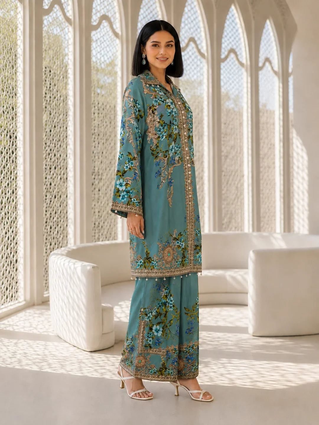 Sea Blue 3-Piece Embroidered Co-Ord Set in Crepe
