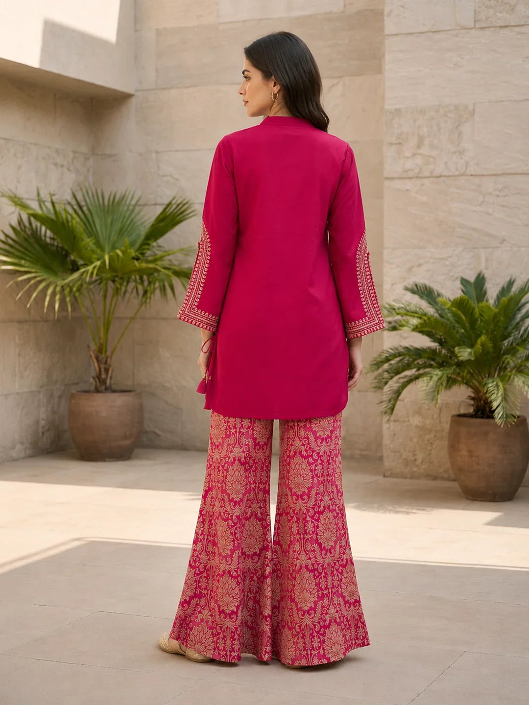 Fuchsia Pink Floral Embroidery Co-Ord Set in Muslin