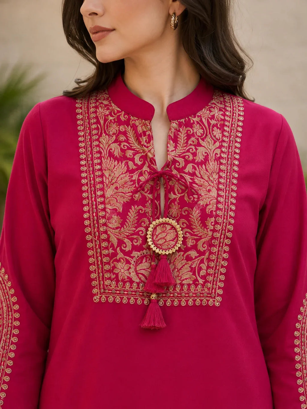 Fuchsia Pink Floral Embroidery Co-Ord Set in Muslin