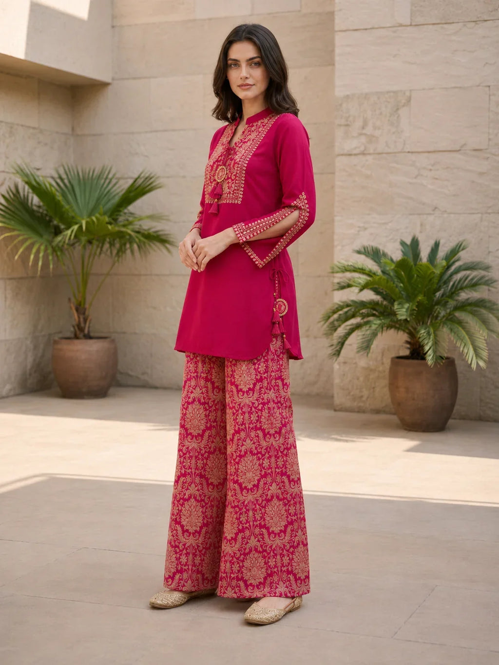 Fuchsia Pink Floral Embroidery Co-Ord Set in Muslin