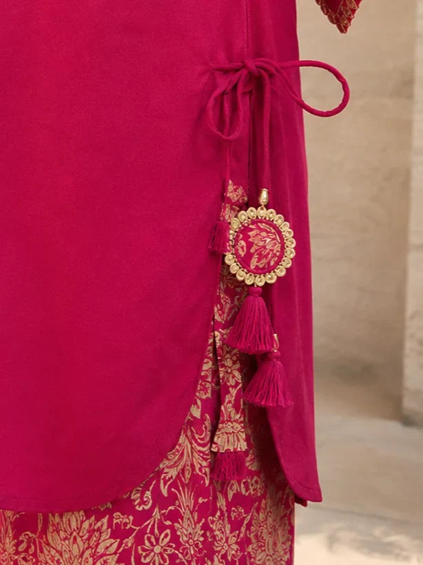 Fuchsia Pink Floral Embroidery Co-Ord Set in Muslin