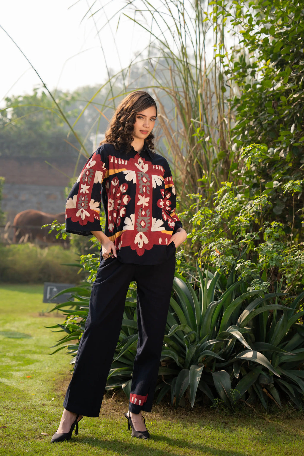 Multi-Floral Hand-Painted Button-Front Co-Ord Set in Cotton Flex