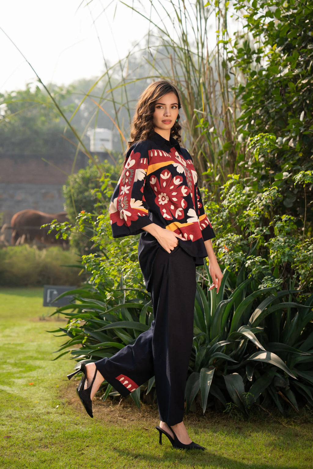 Multi-Floral Hand-Painted Button-Front Co-Ord Set in Cotton Flex
