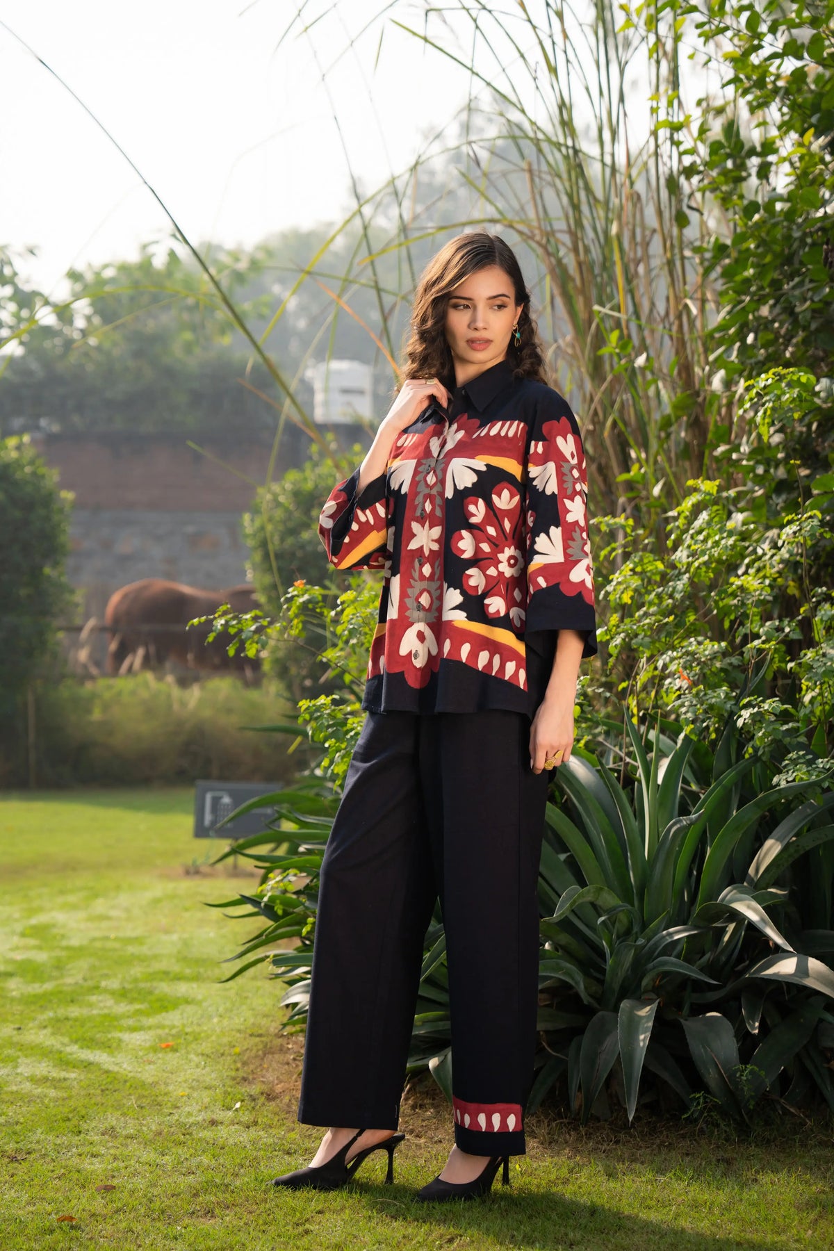 Multi-Floral Hand-Painted Button-Front Co-Ord Set in Cotton Flex