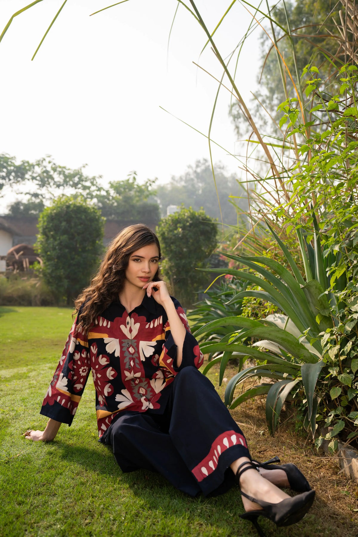 Multi-Floral Hand-Painted Button-Front Co-Ord Set in Cotton Flex