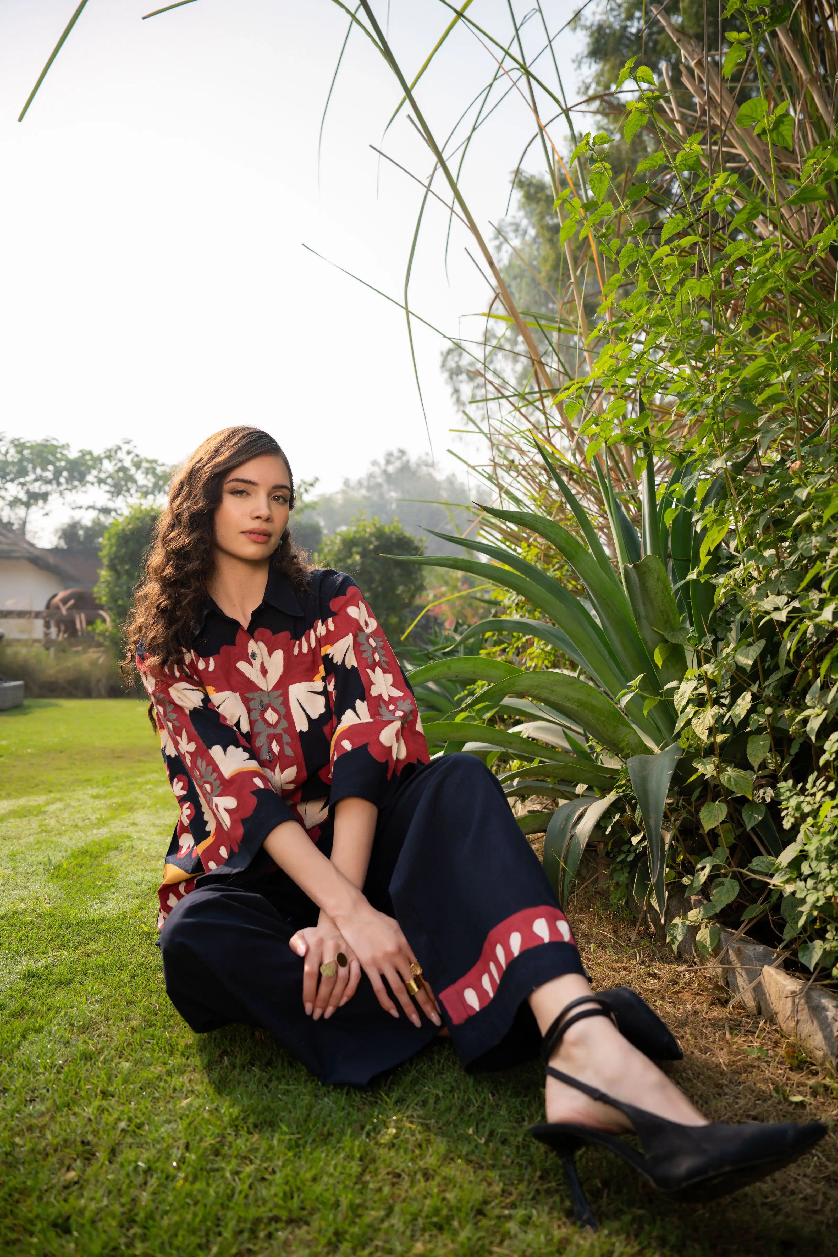 Multi-Floral Hand-Painted Button-Front Co-Ord Set in Cotton Flex