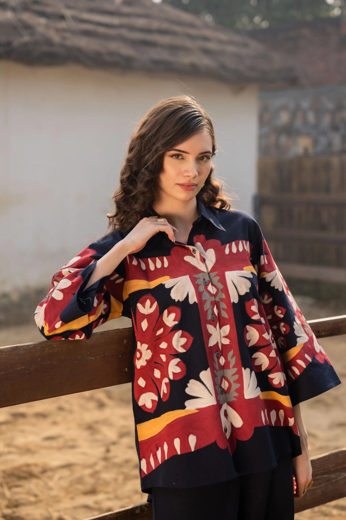 Multi-Floral Hand-Painted Button-Front Co-Ord Set in Cotton Flex