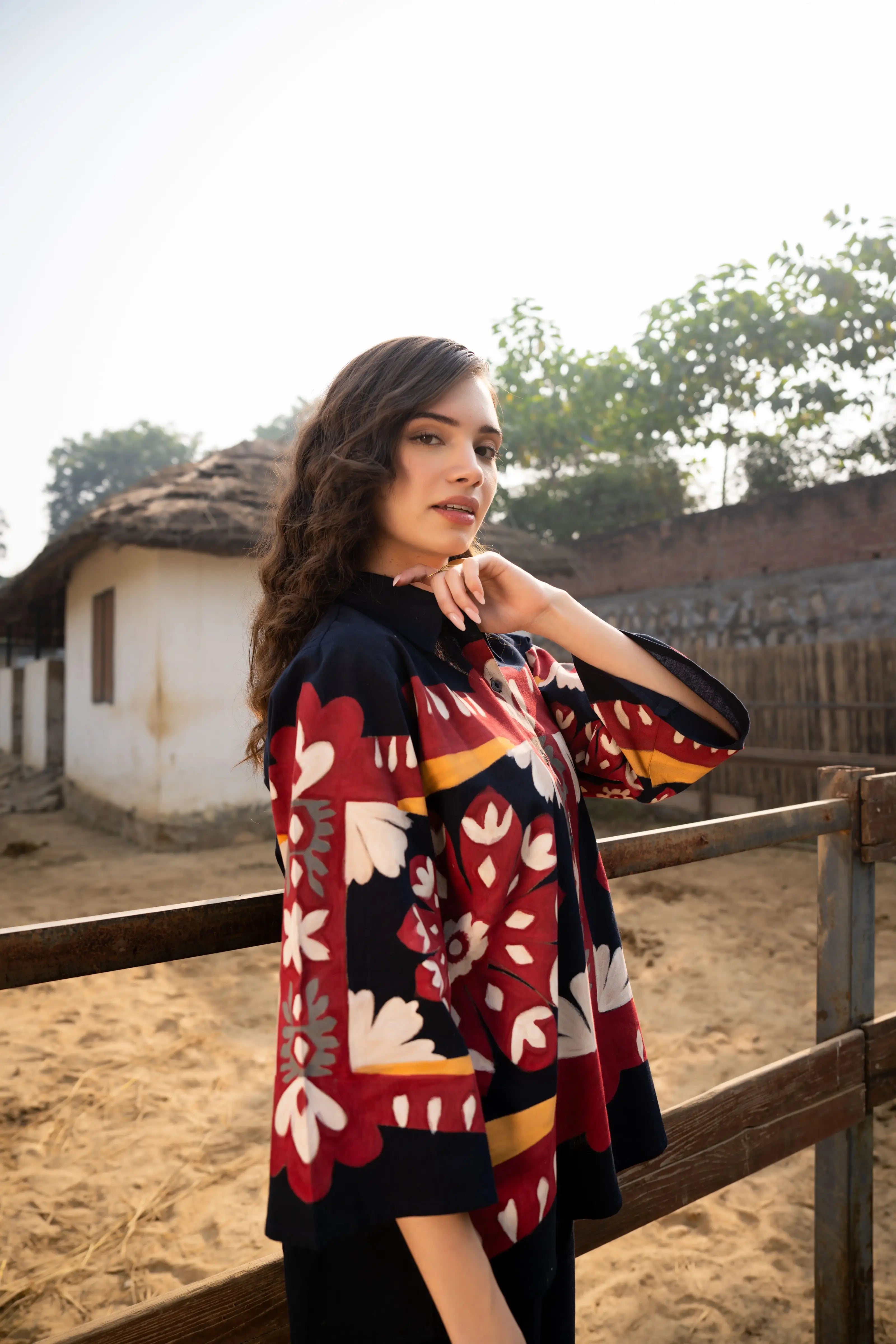 Multi-Floral Hand-Painted Button-Front Co-Ord Set in Cotton Flex