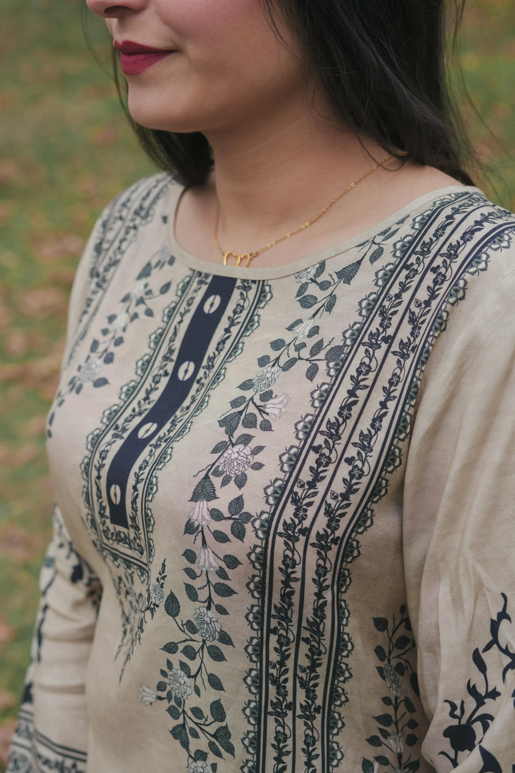 Khaki Printed Muslin Co-Ord  Set