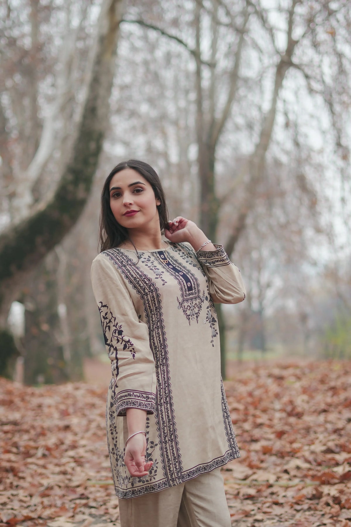 Khaki Printed Muslin Co-Ord  Set