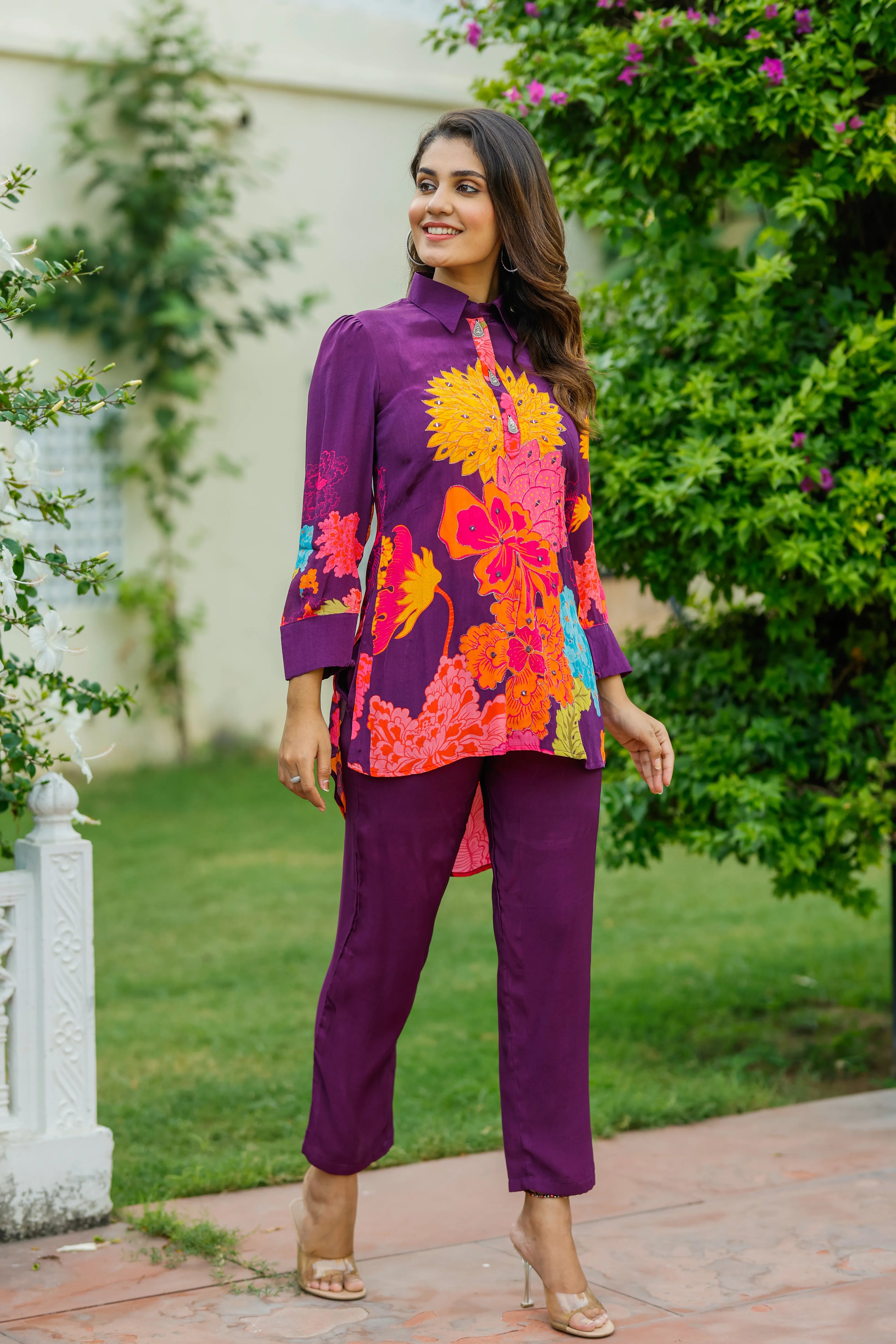 Dark Purple Floral  Crepe Abstract Mirror Work Co-Ord Set