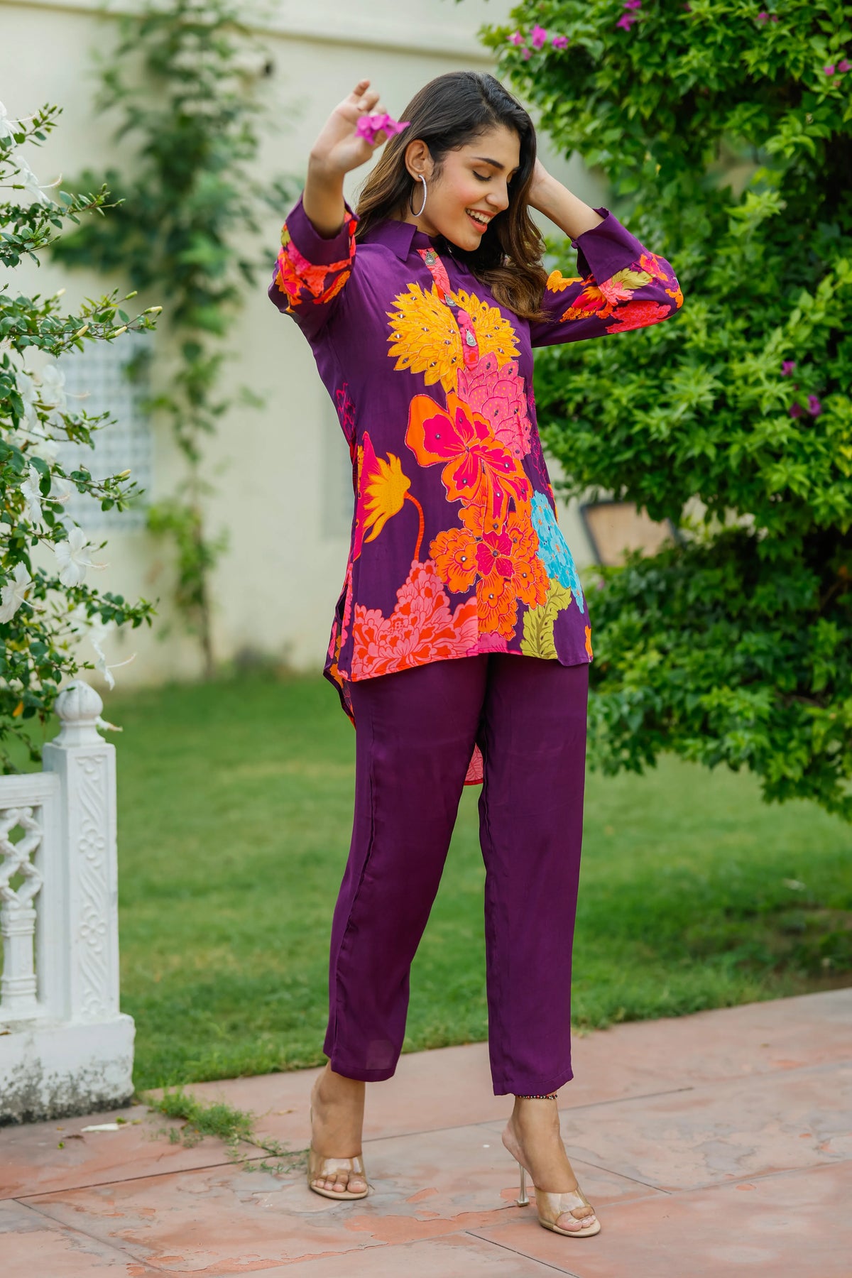 Dark Purple Floral  Crepe Abstract Mirror Work Co-Ord Set