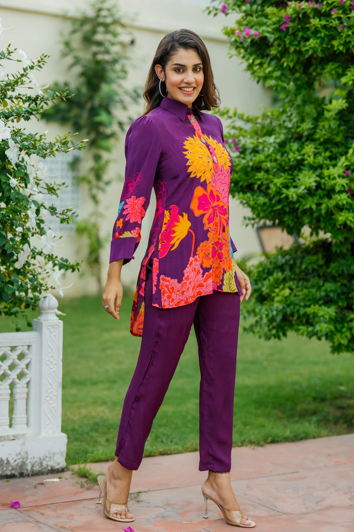Dark Purple Floral  Crepe Abstract Mirror Work Co-Ord Set