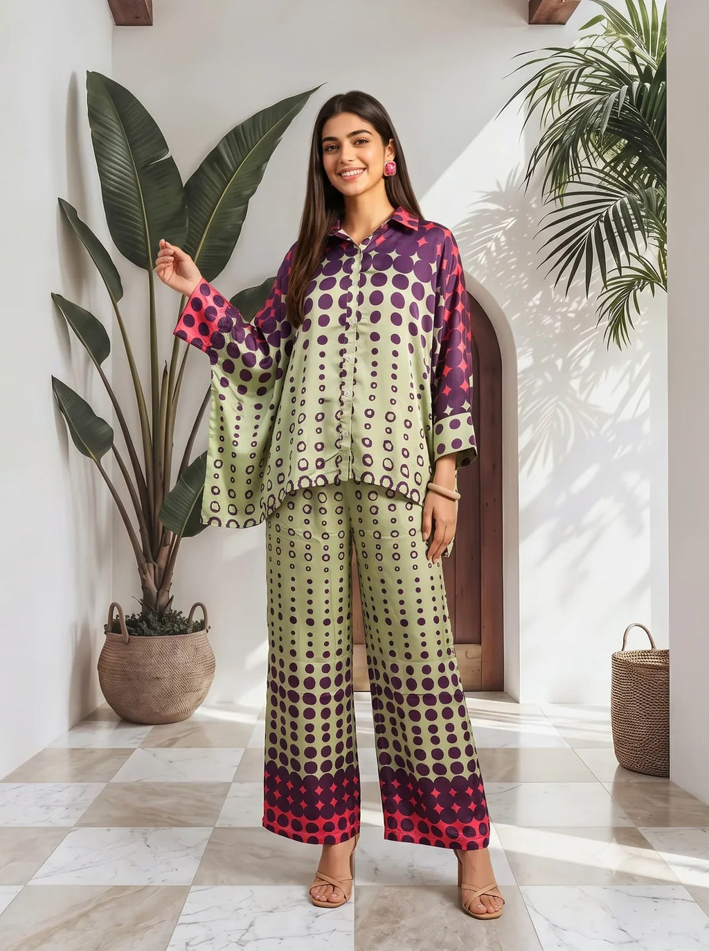 Sage Green Printed 2-Piece Co-ord Set in Muslin
