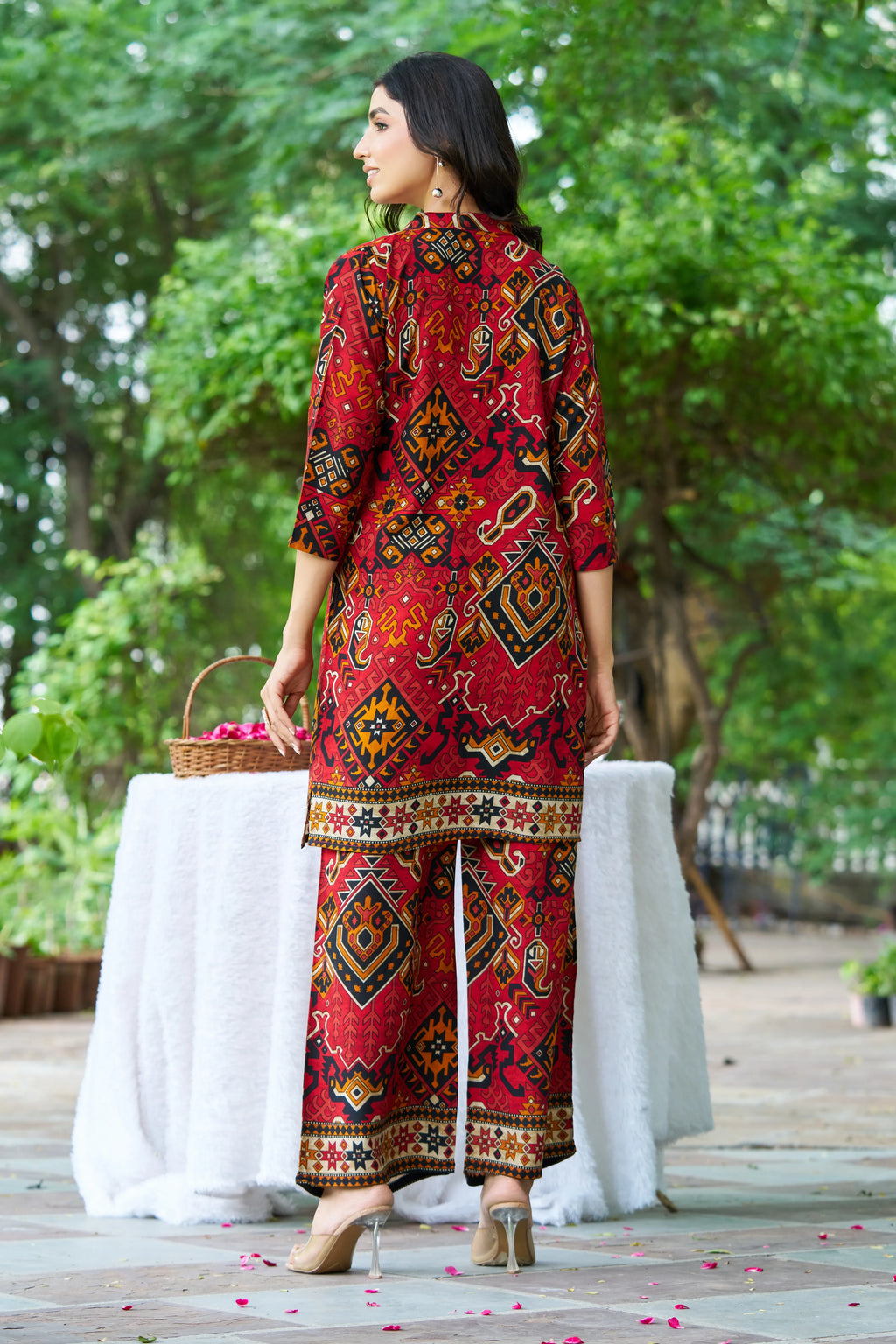 Red Base Ajrak Print Kurti & Pant Set