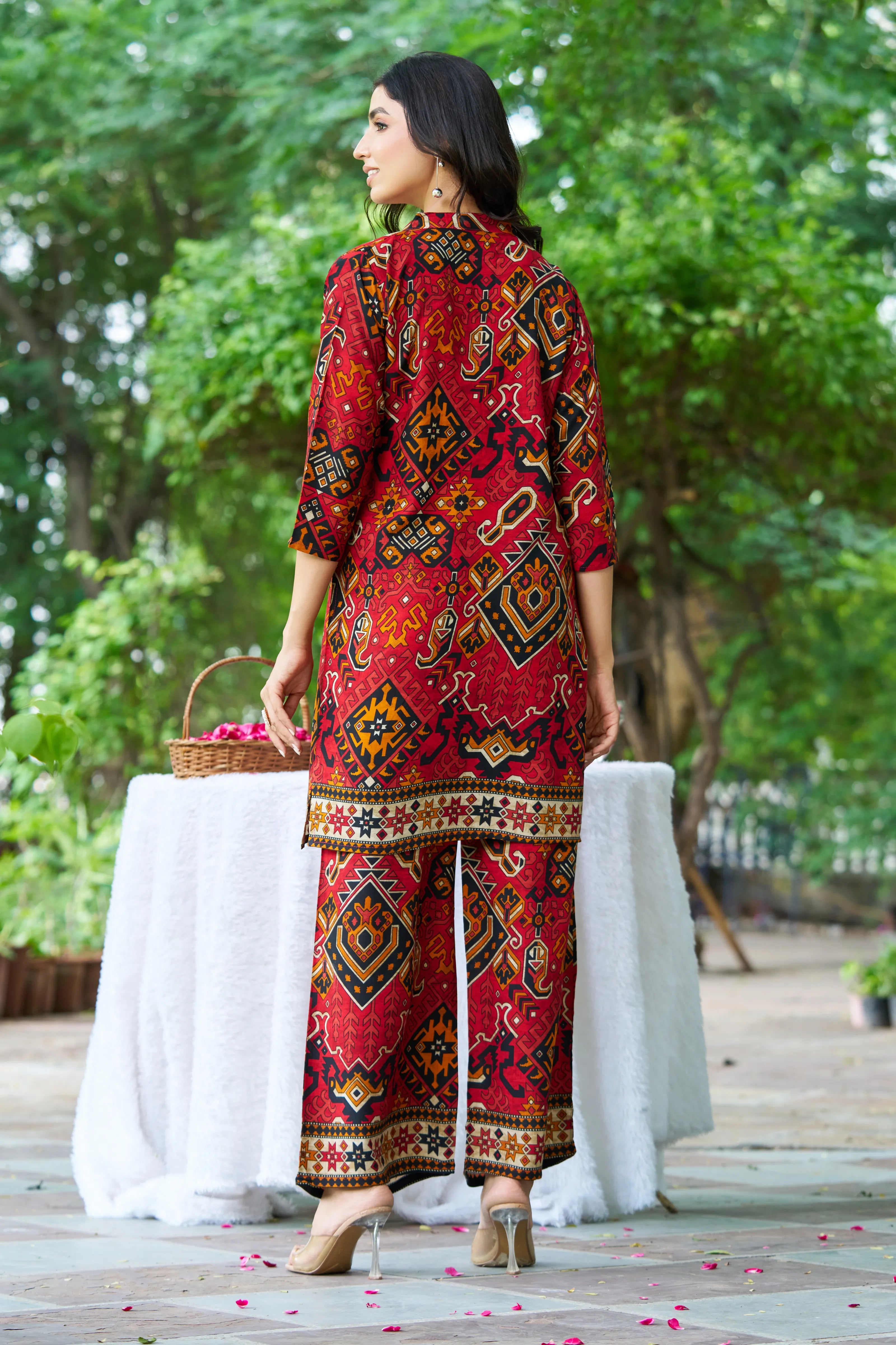 Red Base Ajrak Print Kurti & Pant Set