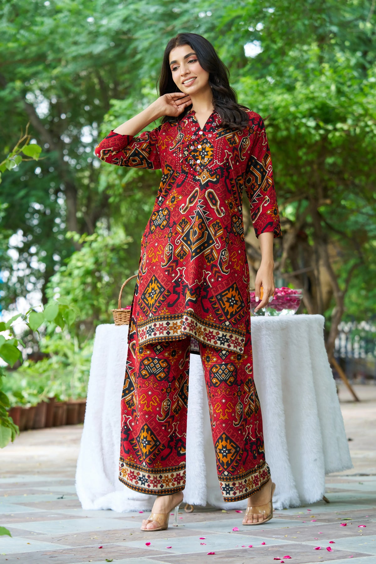 Red Base Ajrak Print Kurti & Pant Set