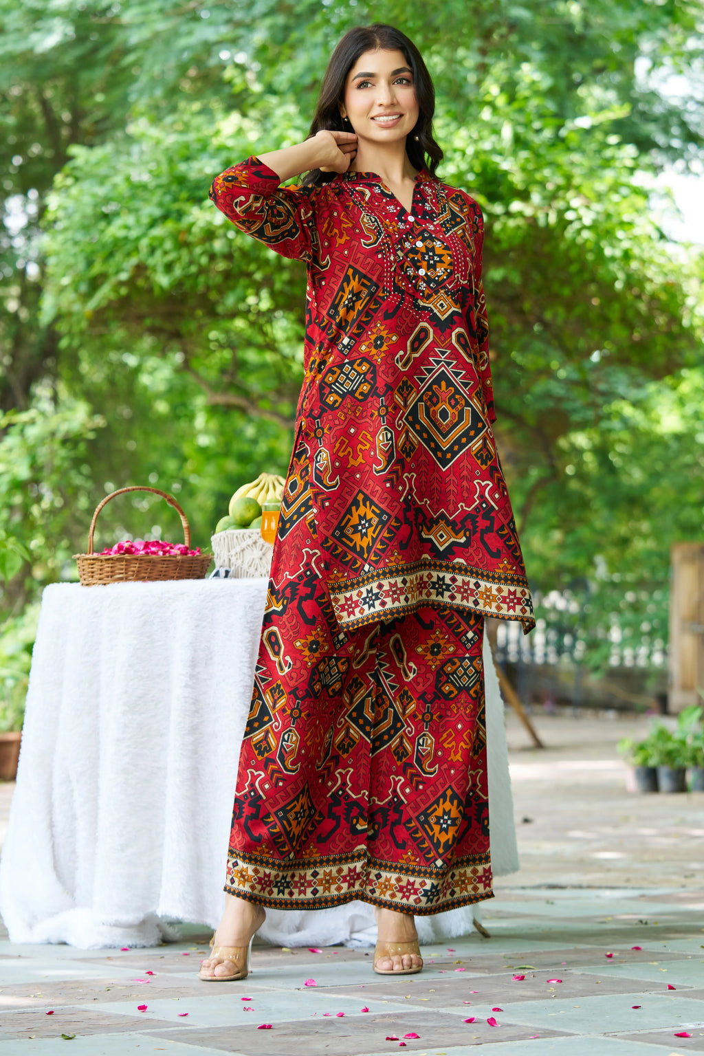 Red Base Ajrak Print Kurti & Pant Set