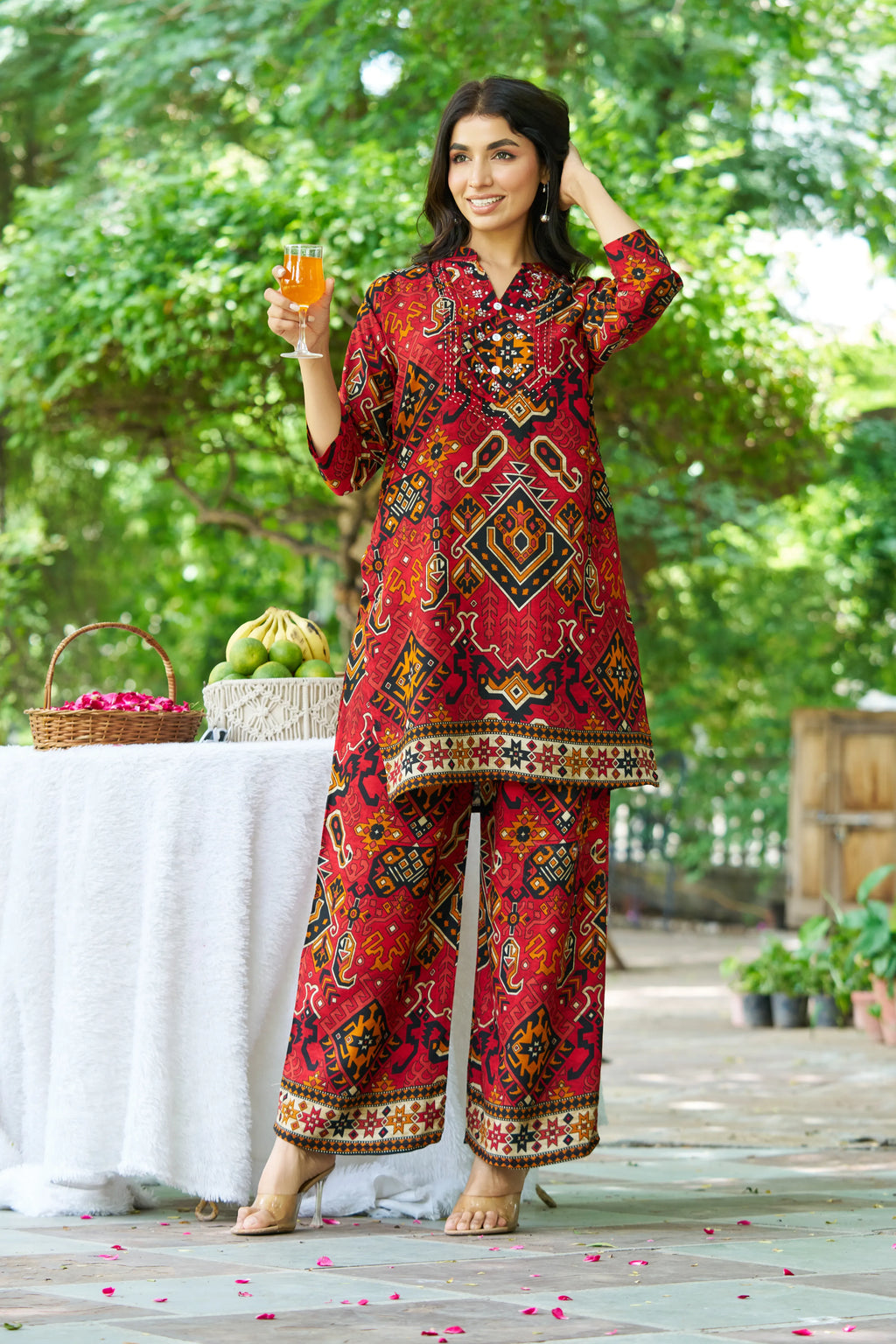 Red Base Ajrak Print Kurti & Pant Set