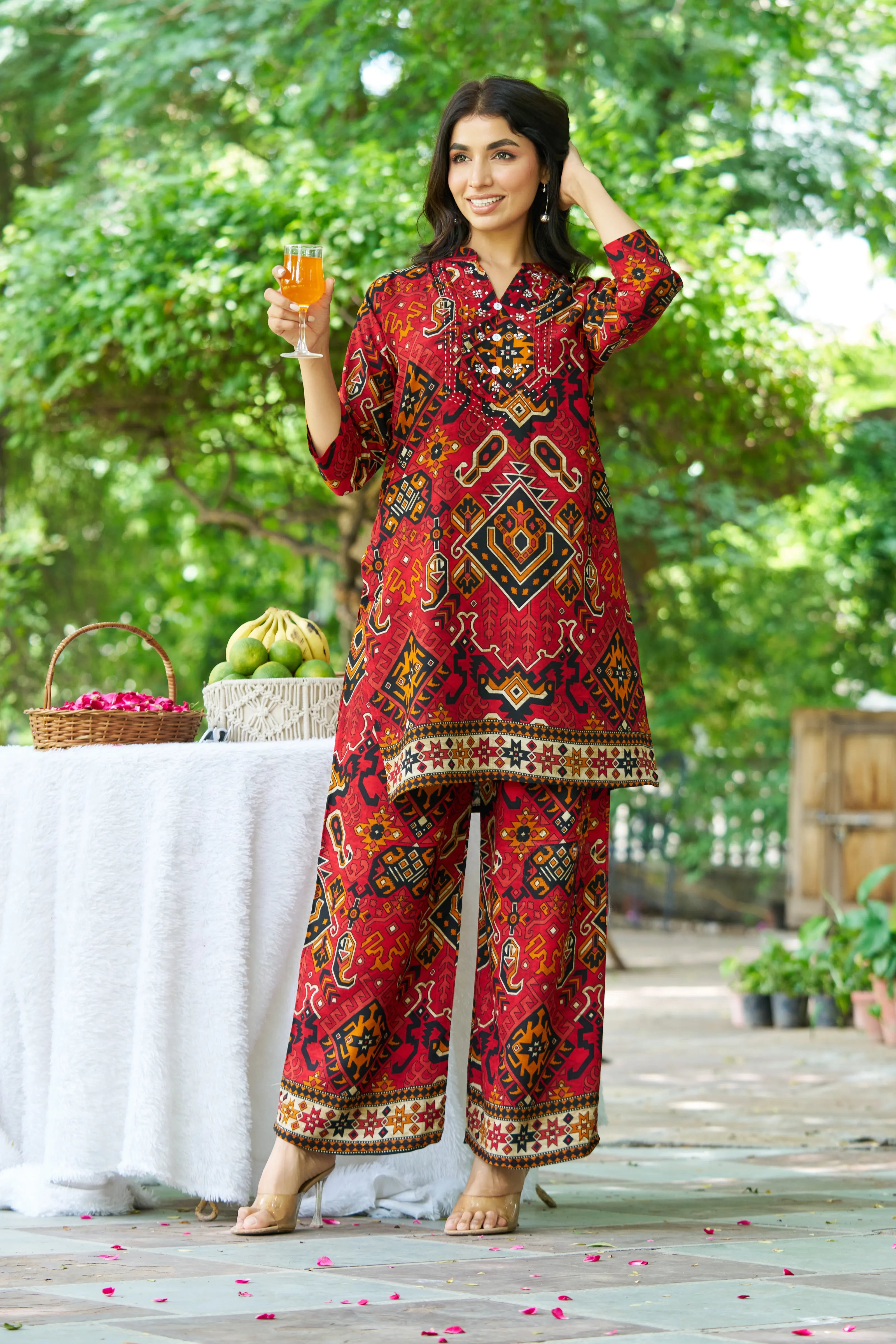Red Base Ajrak Print Kurti & Pant Set