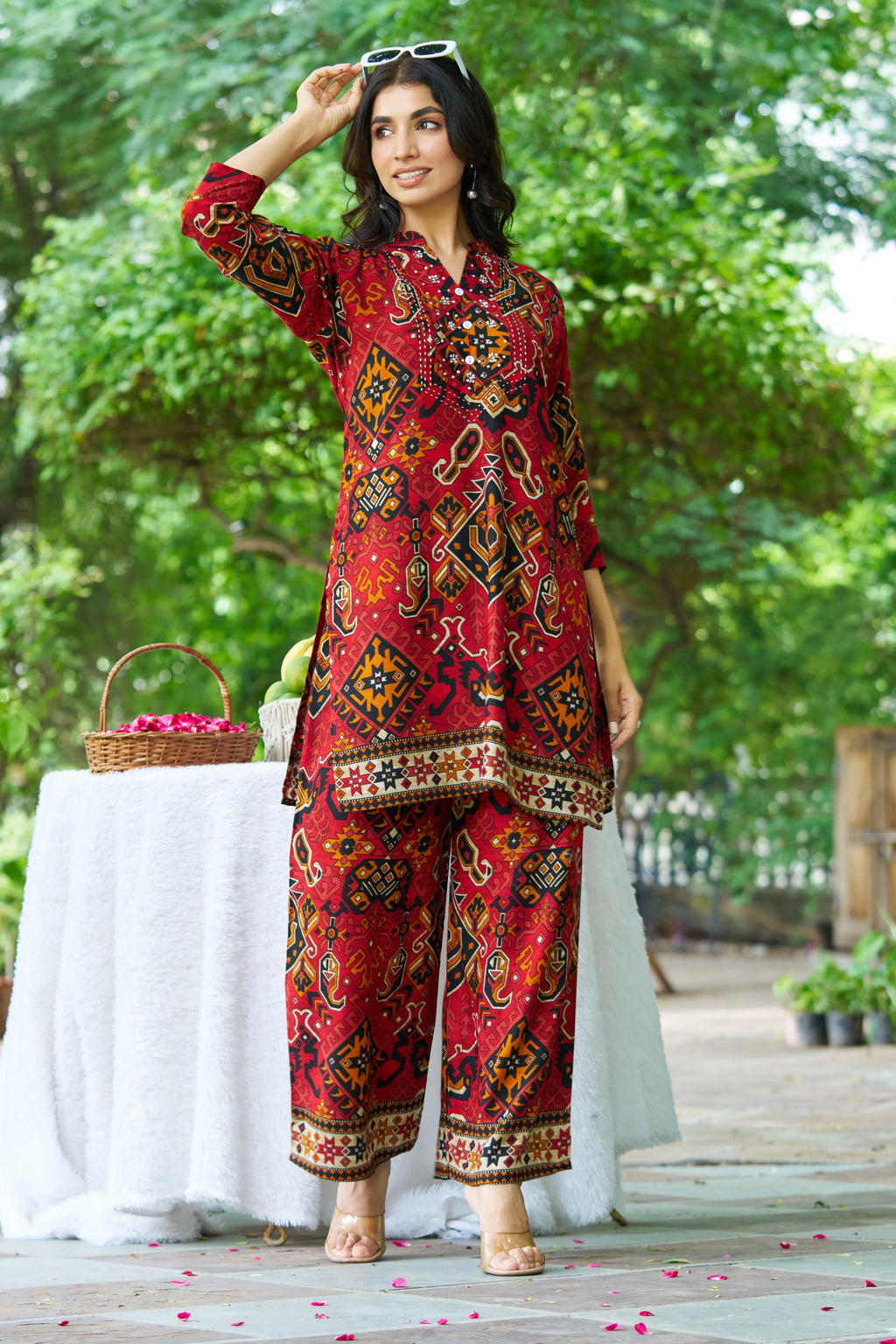Red Base Ajrak Print Kurti & Pant Set