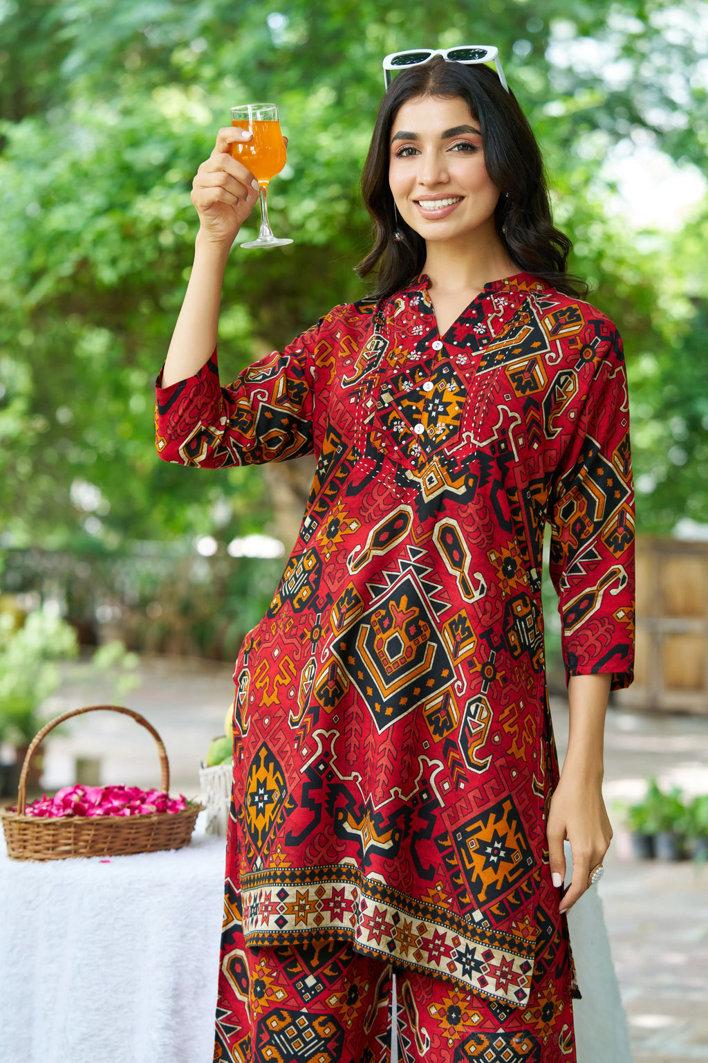 Red Base Ajrak Print Kurti & Pant Set