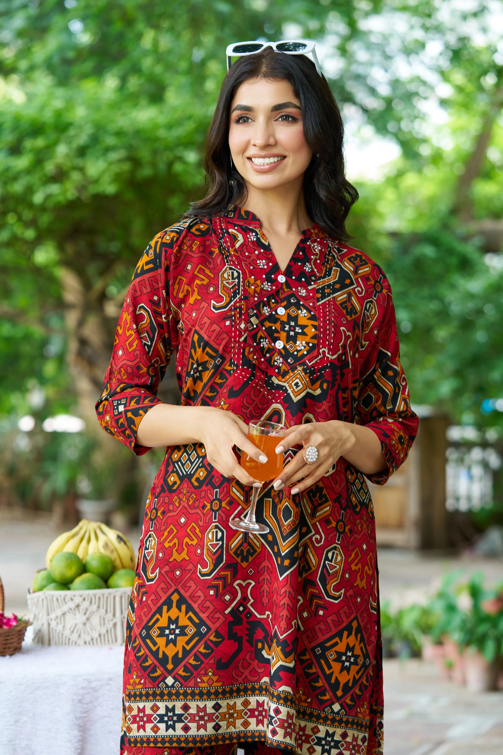 Red Base Ajrak Print Kurti & Pant Set