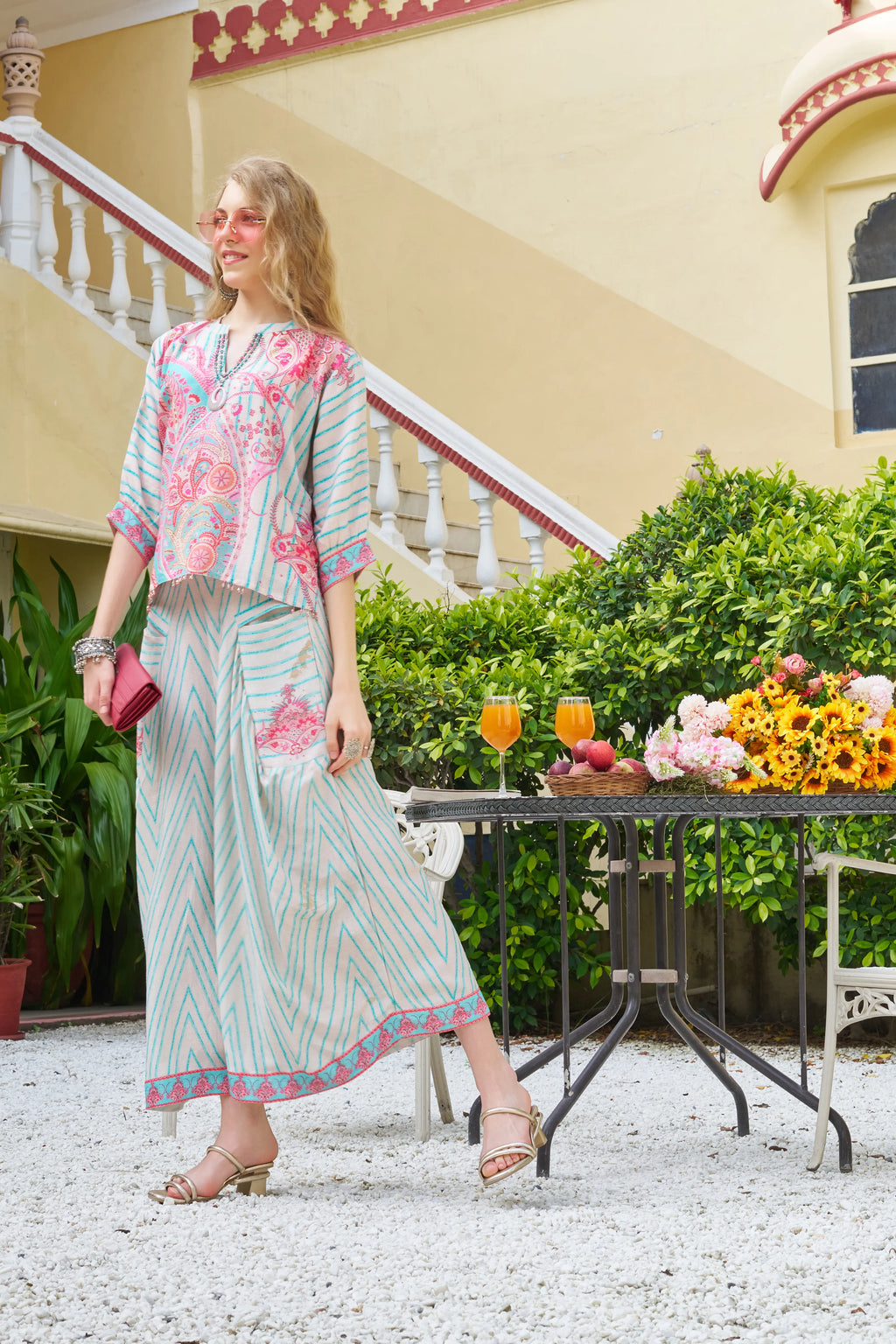 Pink & Blue Paisley Pop Co-ord Set in Viscose Silk