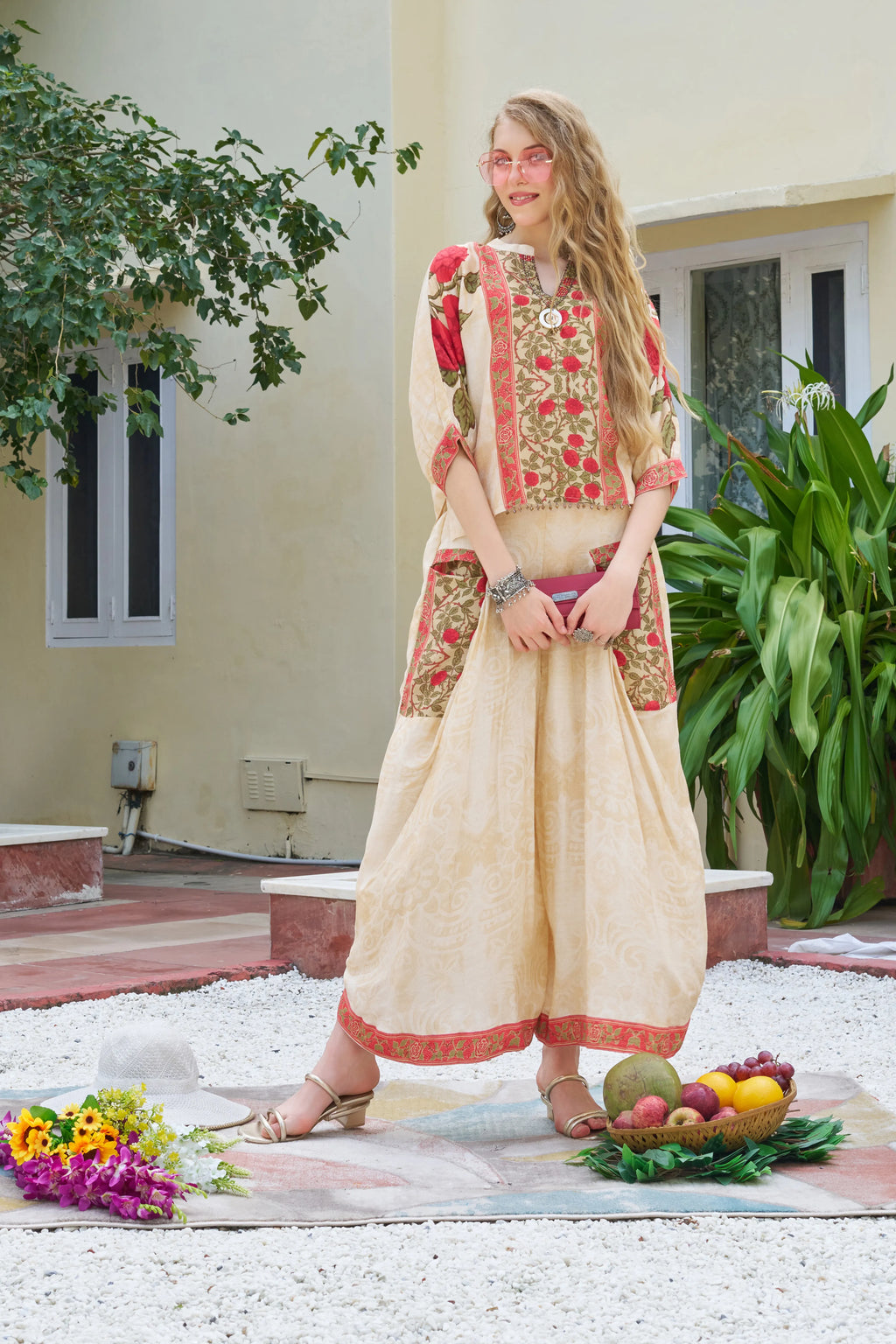 Beige Base Embellished Floral Co-ord Set in Viscose Slub