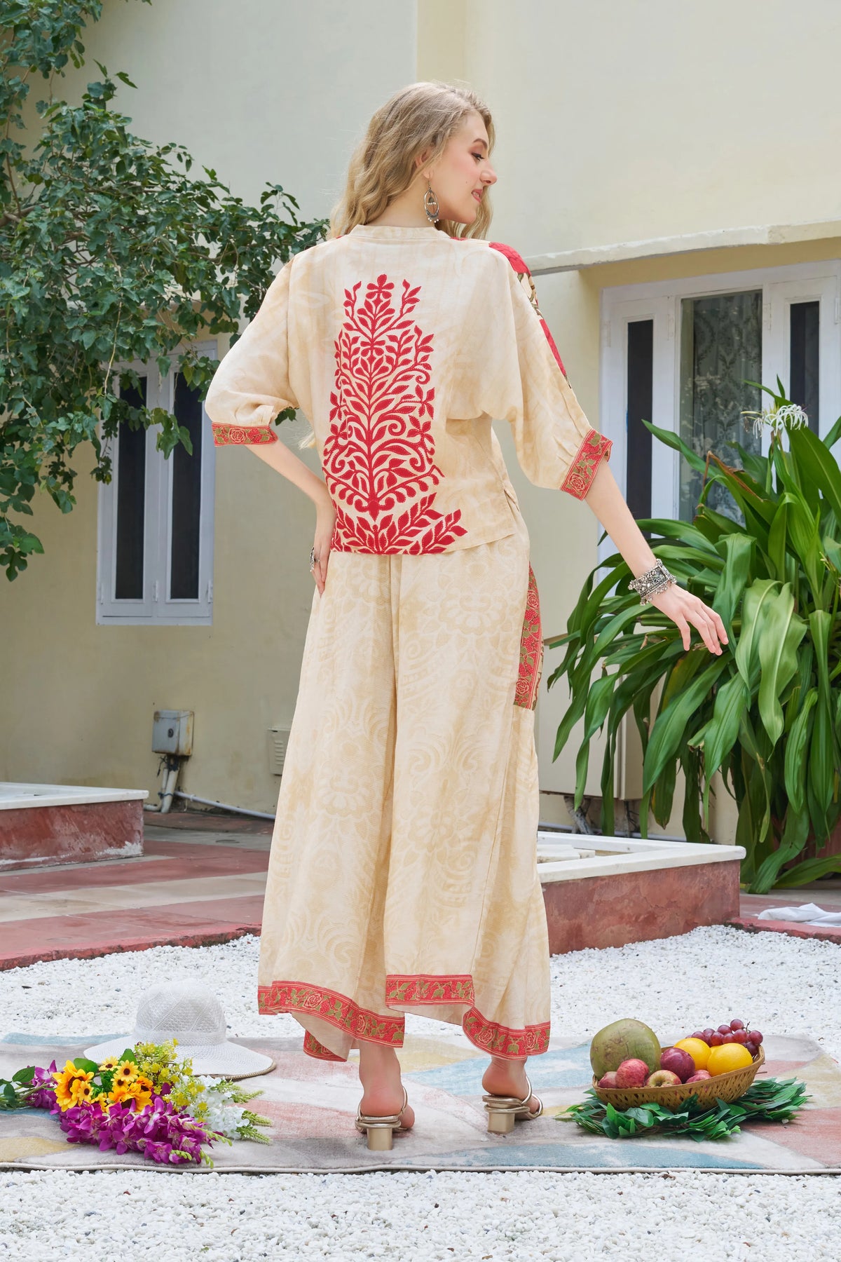 Beige Base Embellished Floral Co-ord Set in Viscose Slub
