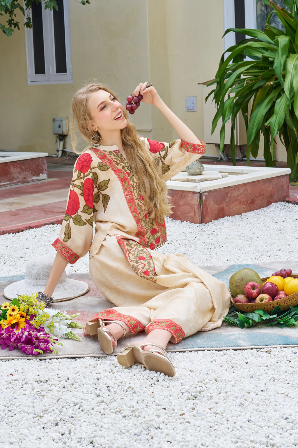 Beige Base Embellished Floral Co-ord Set in Viscose Slub