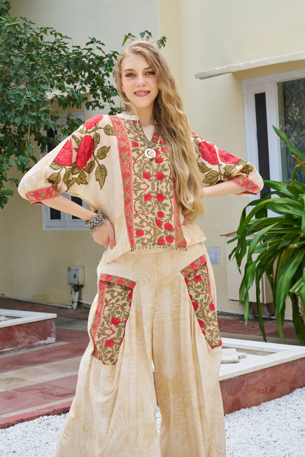 Beige Base Embellished Floral Co-ord Set in Viscose Slub