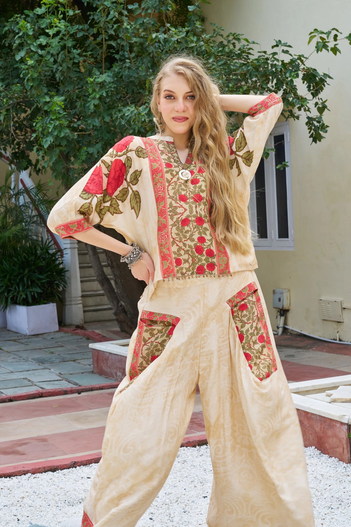 Beige Base Embellished Floral Co-ord Set in Viscose Slub