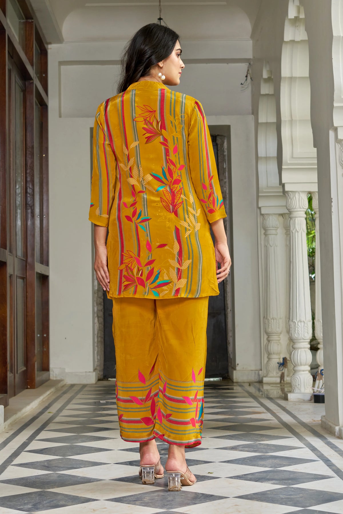 Mustard Yellow Multicolor Printed Co-ord Set in Crepe
