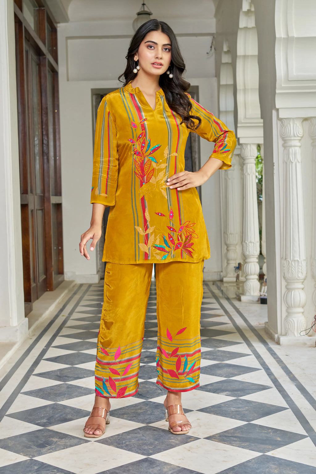 Mustard Yellow Multicolor Printed Co-ord Set in Crepe