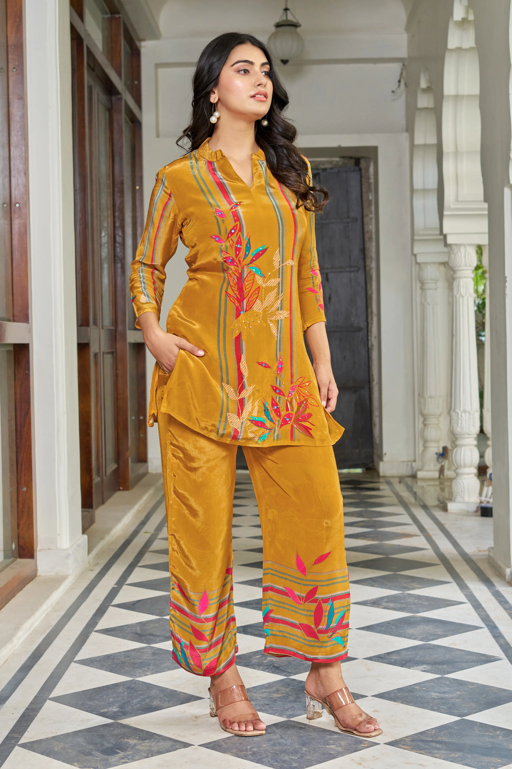 Mustard Yellow Multicolor Printed Co-ord Set in Crepe