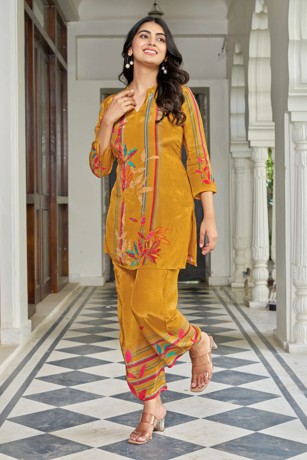Mustard Yellow Multicolor Printed Co-ord Set in Crepe