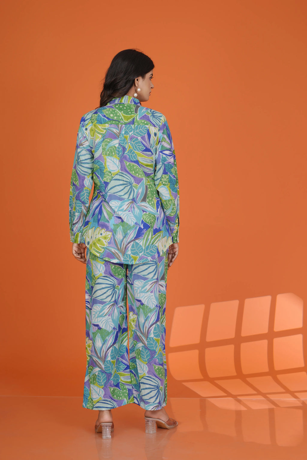 Multicolor Leaf Print Co-Ord Set in Cotton Cambric
