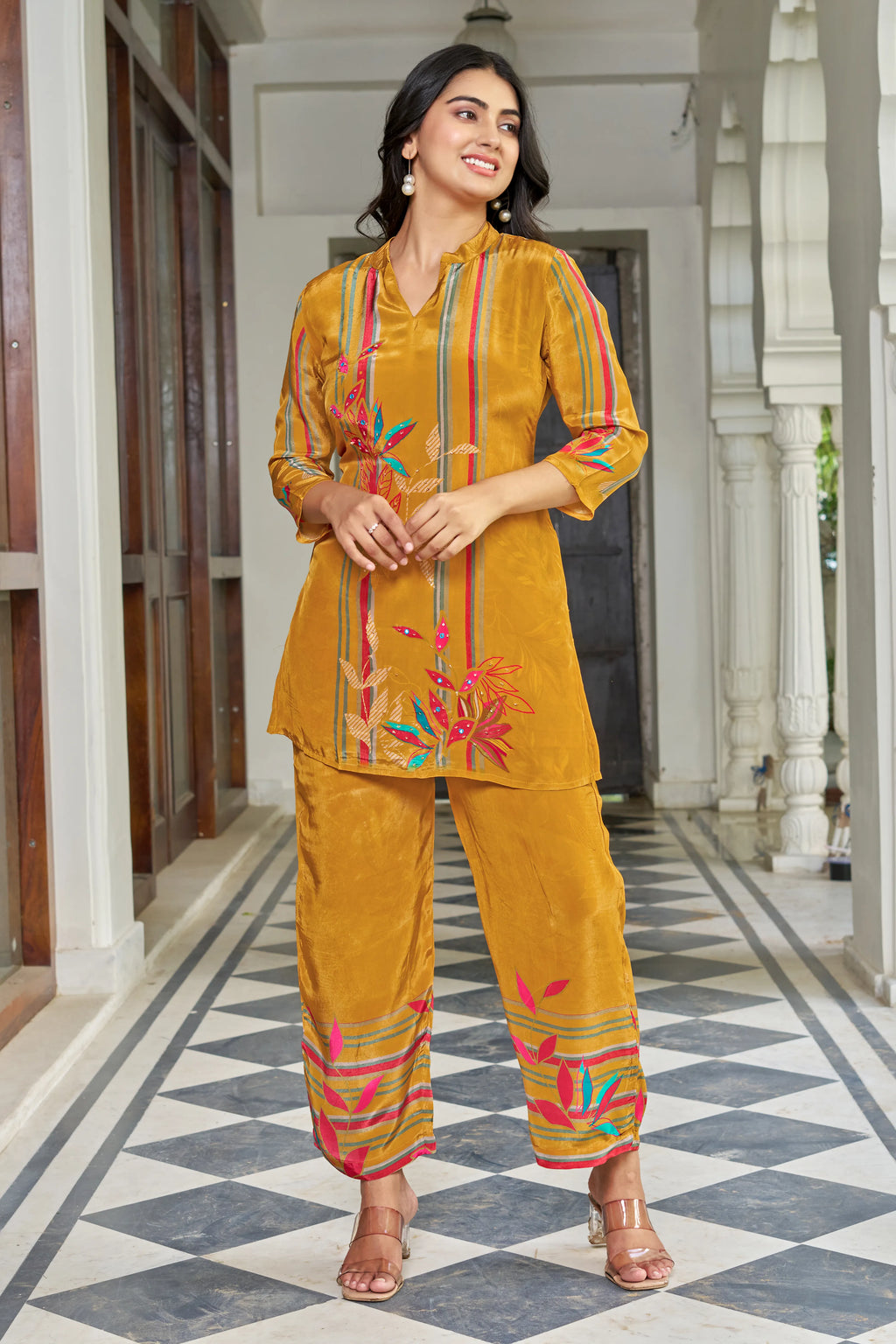 Mustard Yellow Multicolor Printed Co-ord Set in Crepe