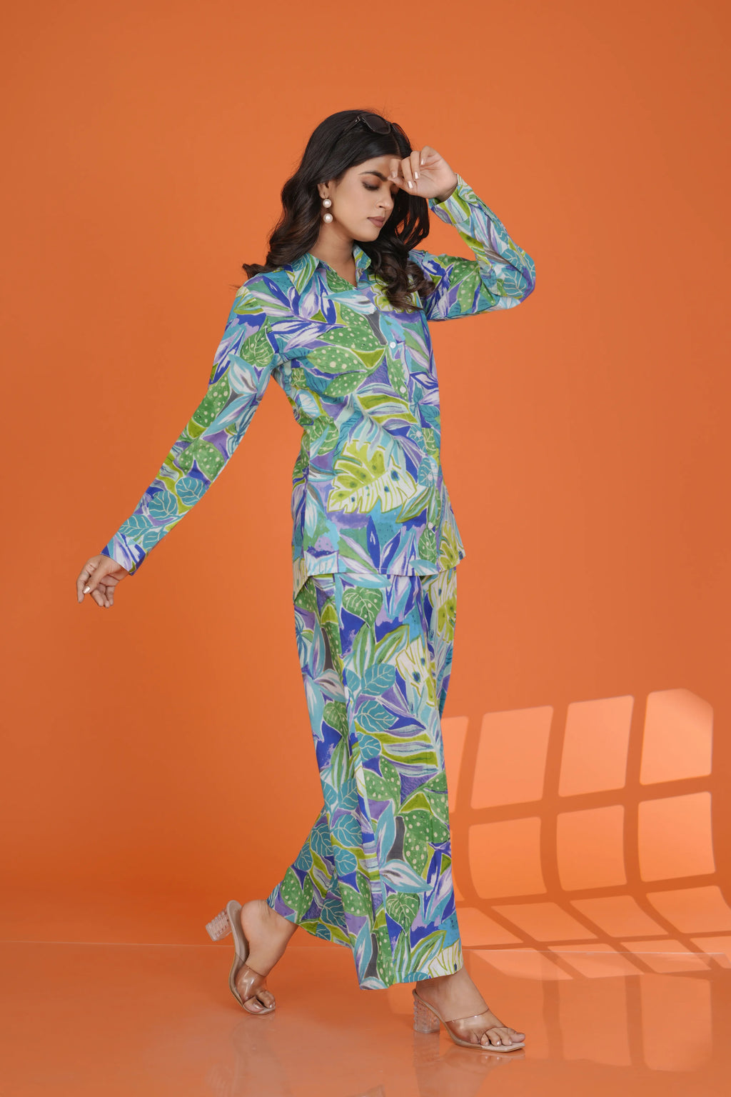 Multicolor Leaf Print Co-Ord Set in Cotton Cambric