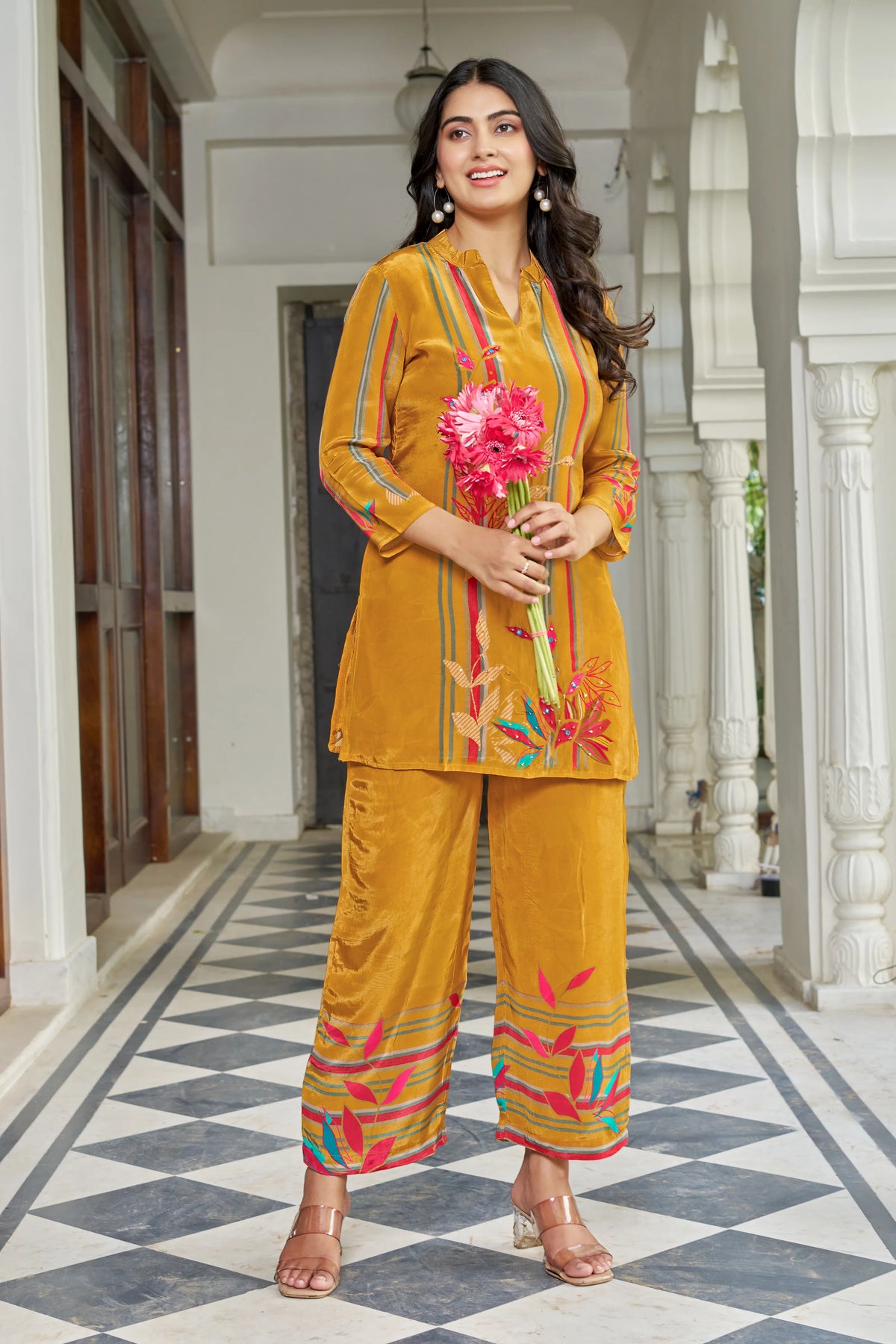 Mustard Yellow Multicolor Printed Co-ord Set in Crepe