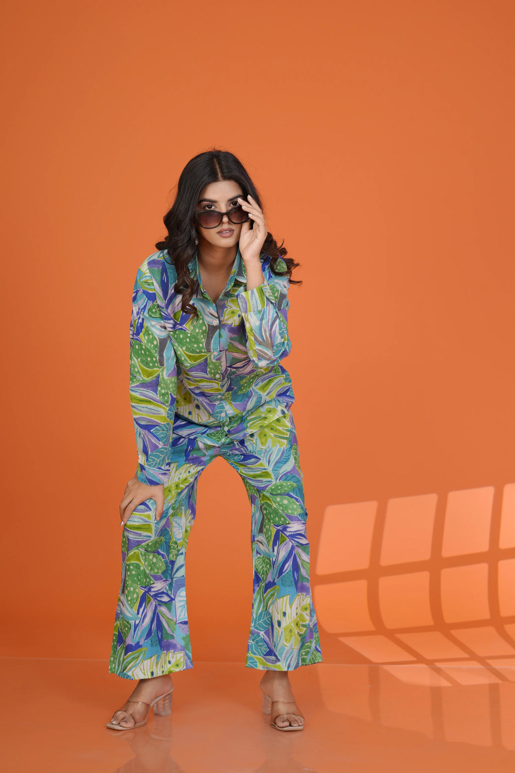Multicolor Leaf Print Co-Ord Set in Cotton Cambric
