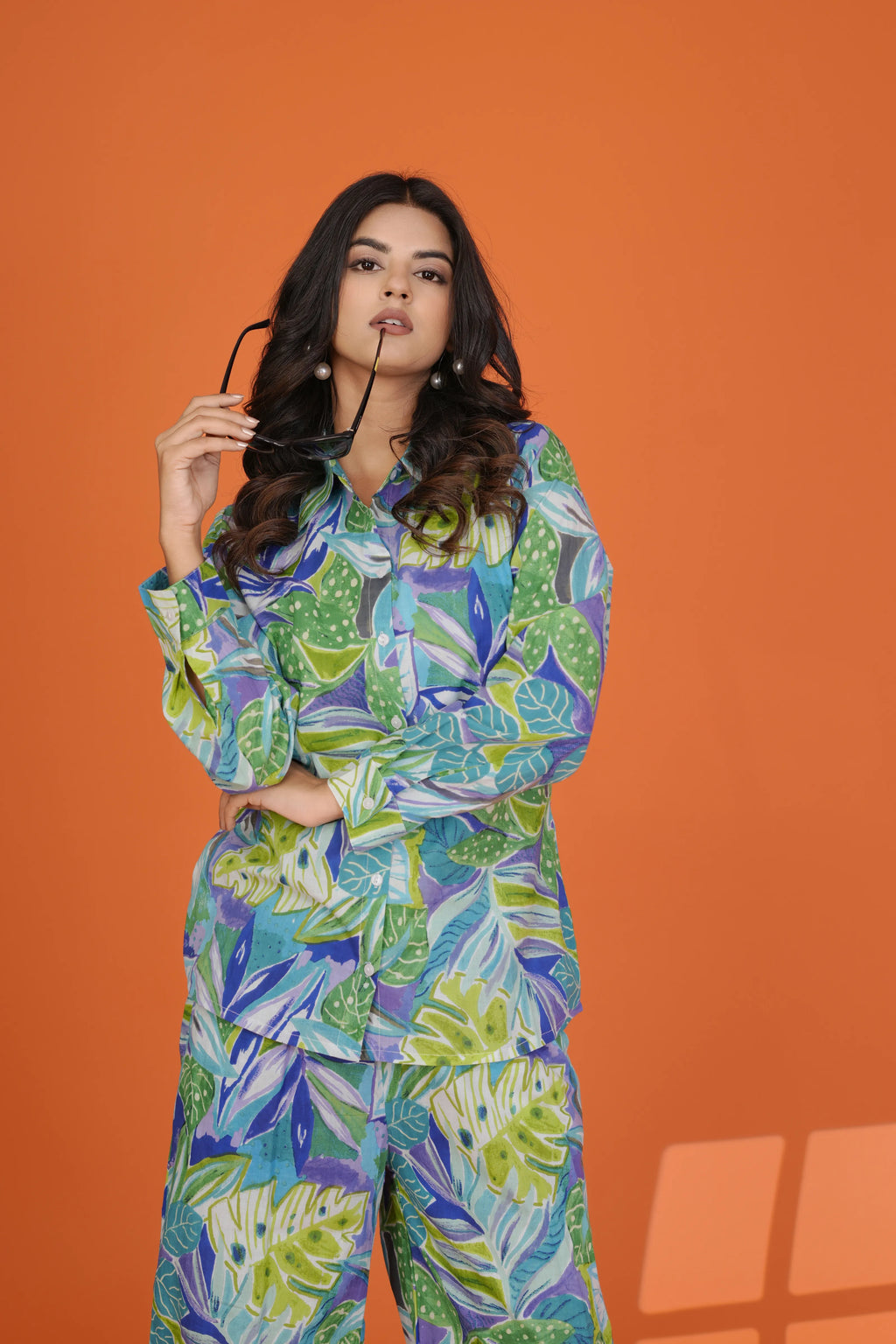 Multicolor Leaf Print Co-Ord Set in Cotton Cambric