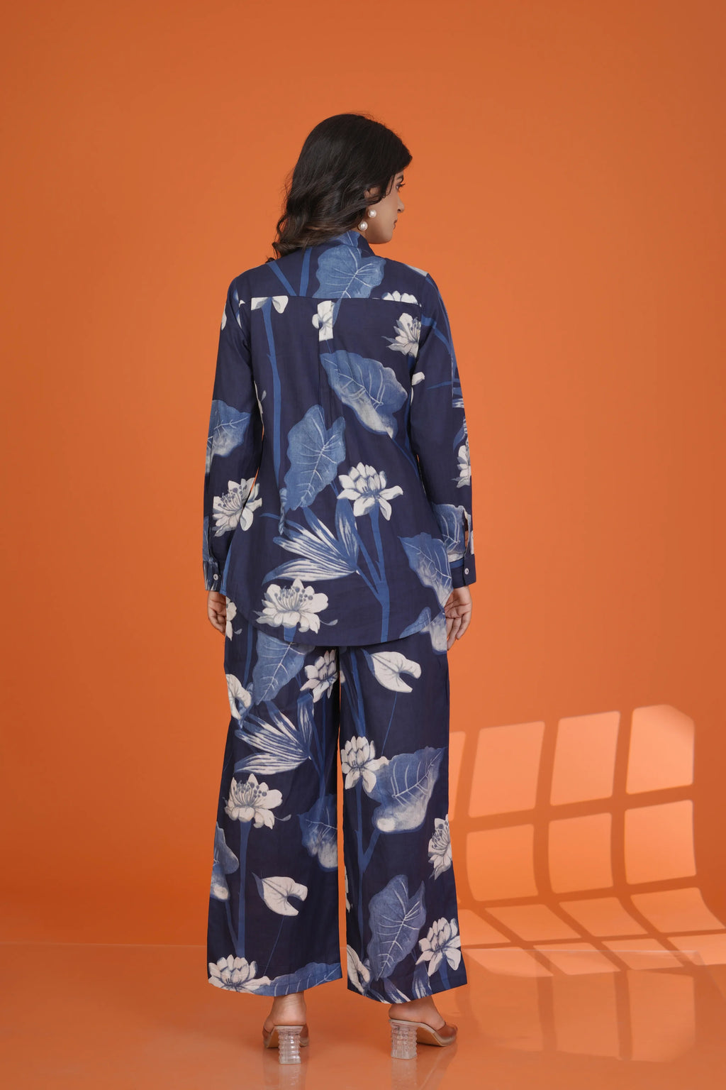 Navy Blue White Floral Co-Ord Set in Cotton Cambric