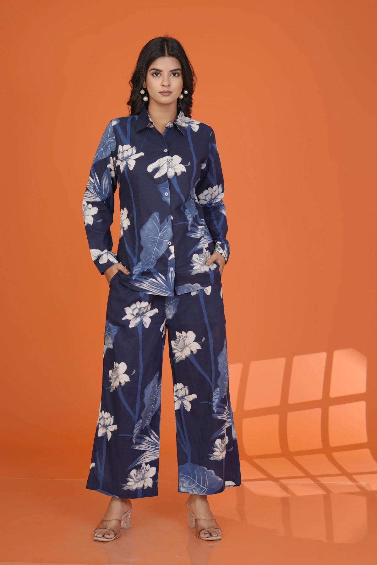 Navy Blue White Floral Co-Ord Set in Cotton Cambric