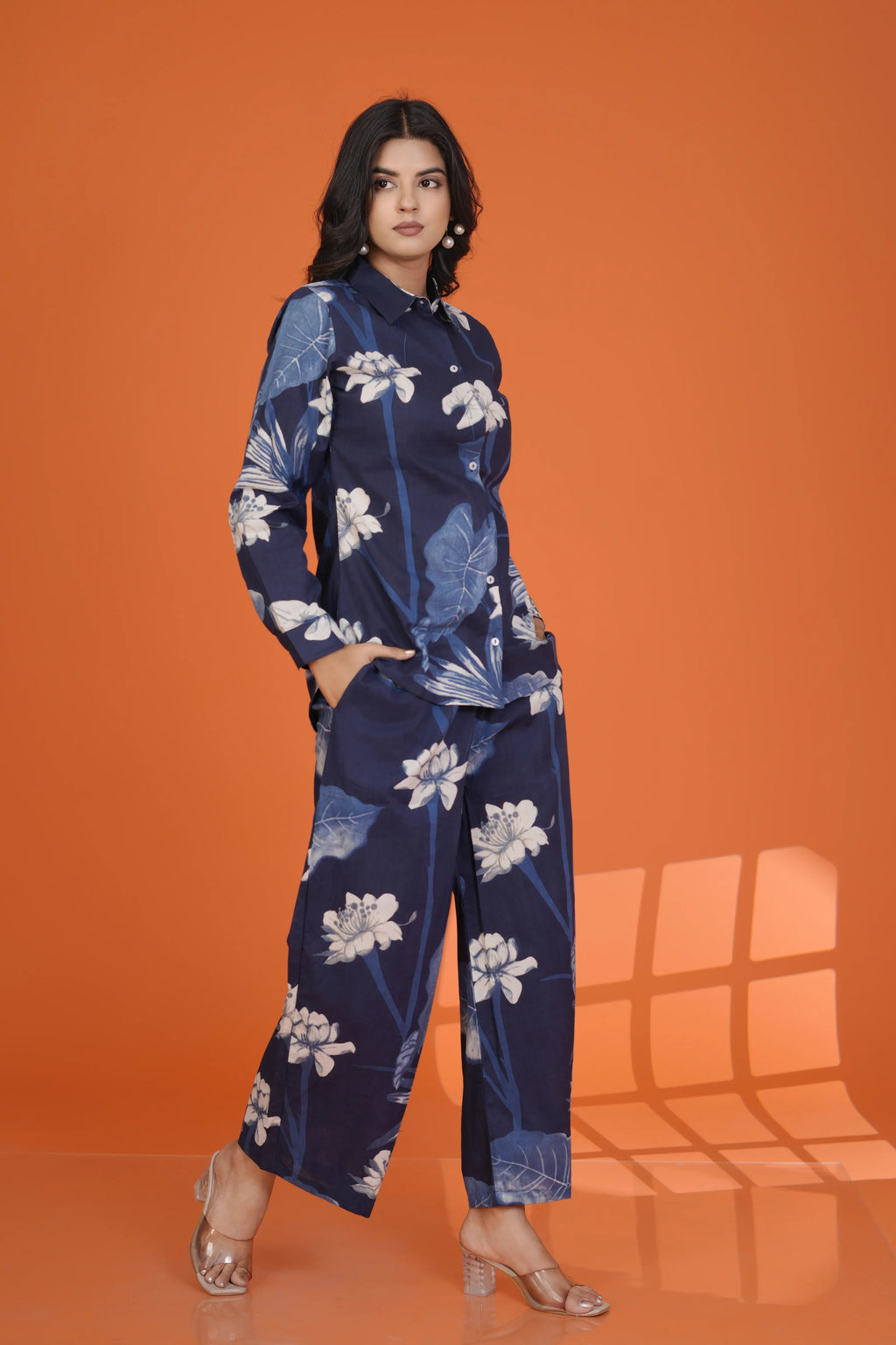 Navy Blue White Floral Co-Ord Set in Cotton Cambric