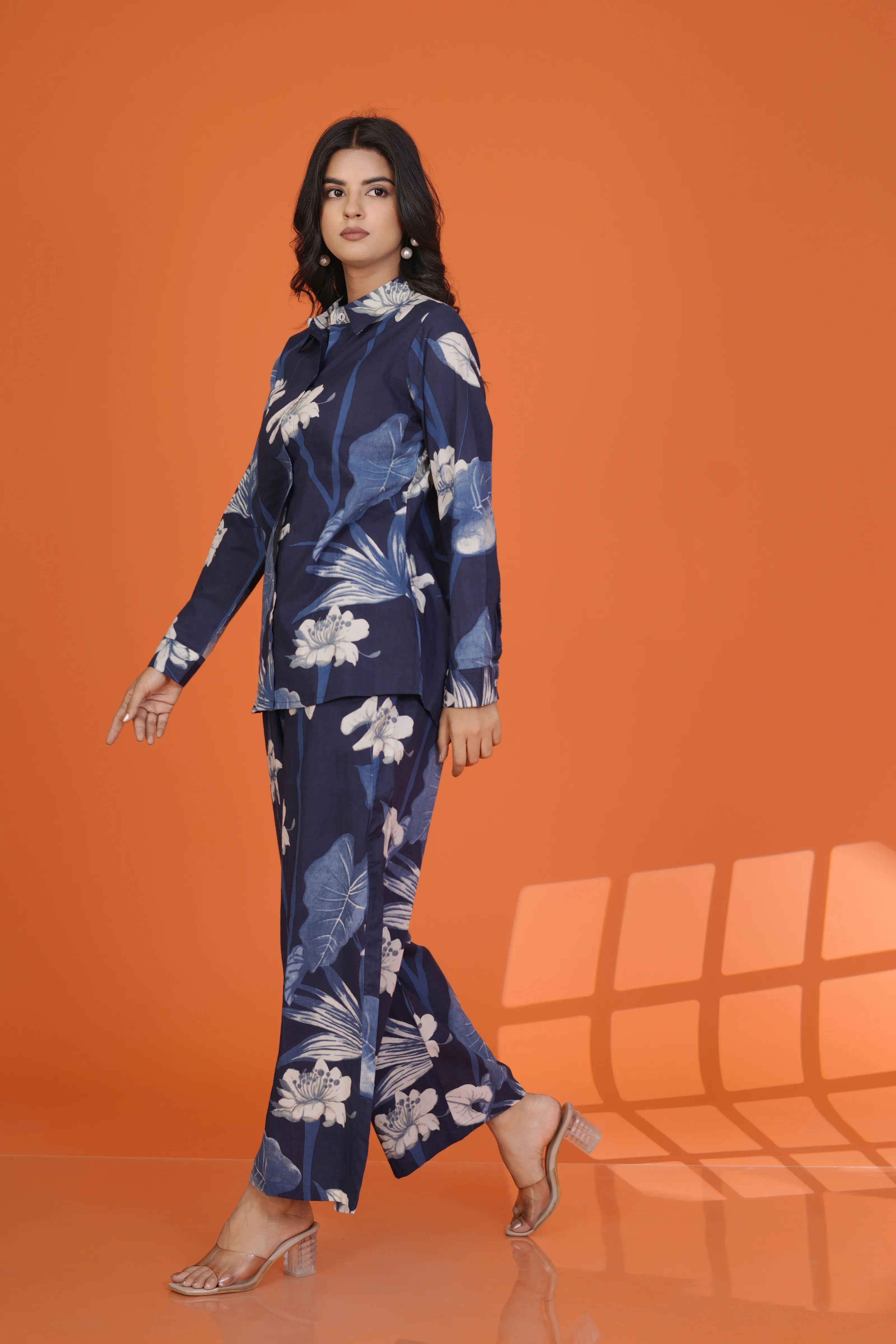 Navy Blue White Floral Co-Ord Set in Cotton Cambric