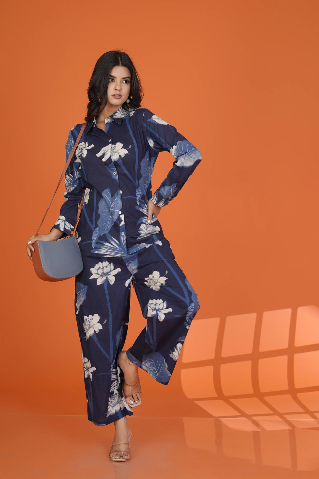 Navy Blue White Floral Co-Ord Set in Cotton Cambric