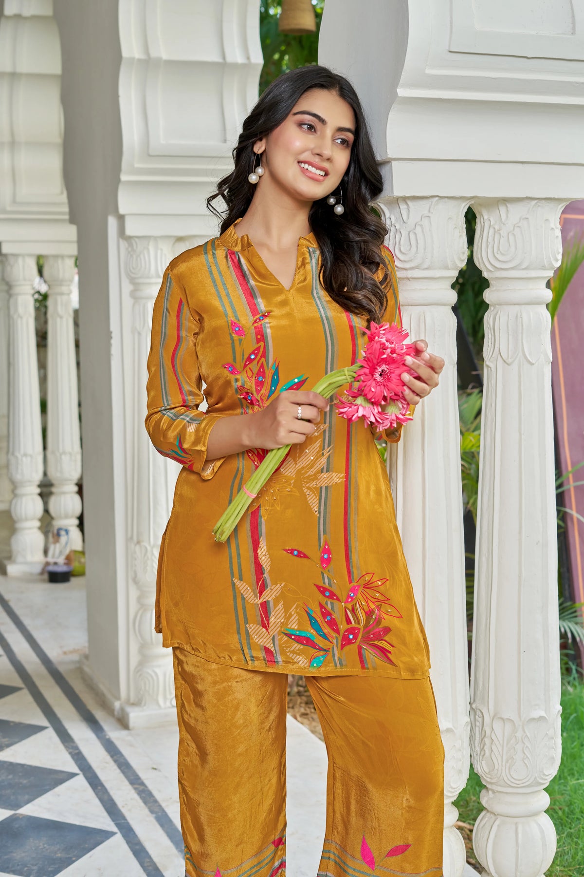 Mustard Yellow Multicolor Printed Co-ord Set in Crepe