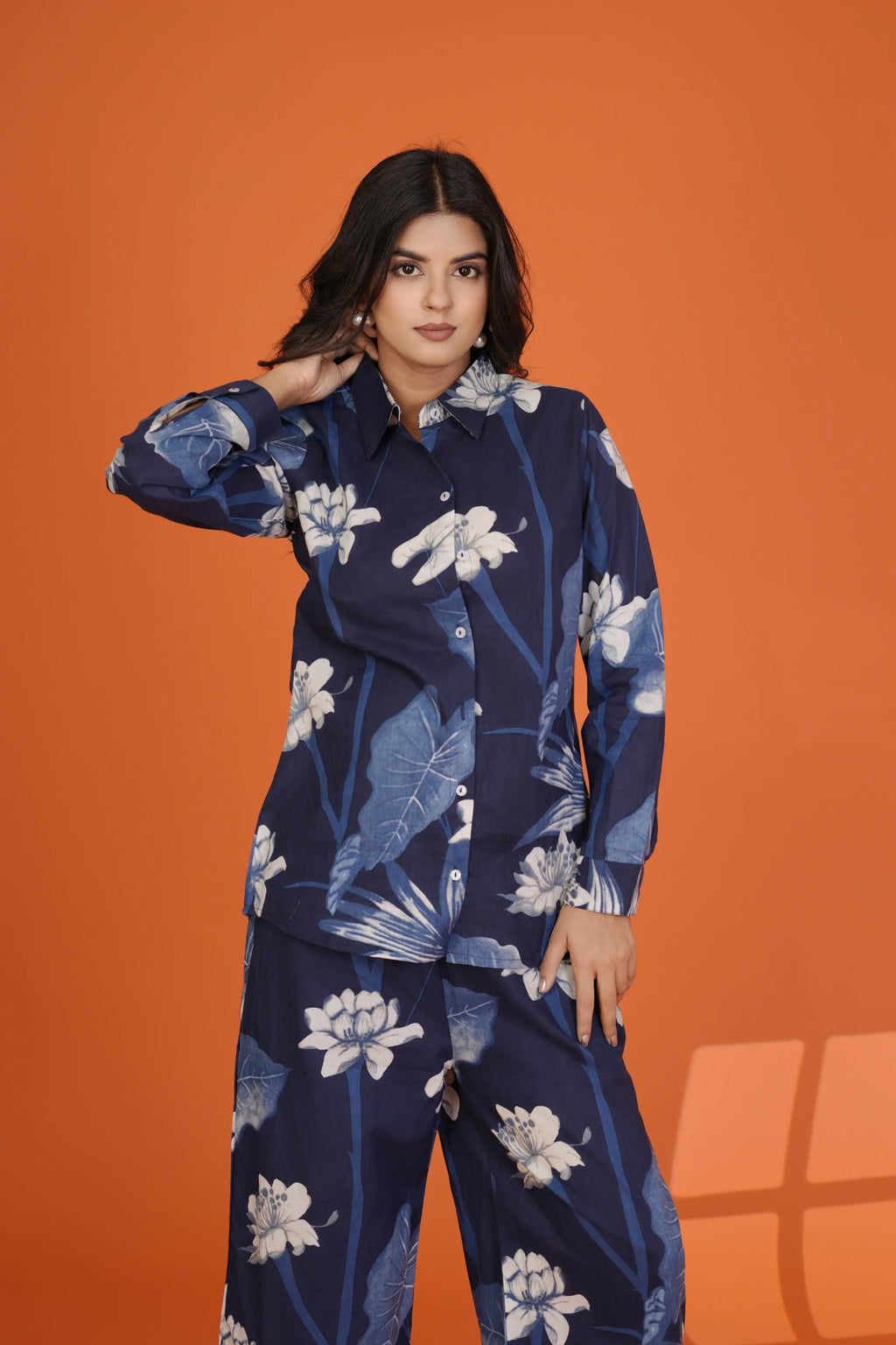 Navy Blue White Floral Co-Ord Set in Cotton Cambric